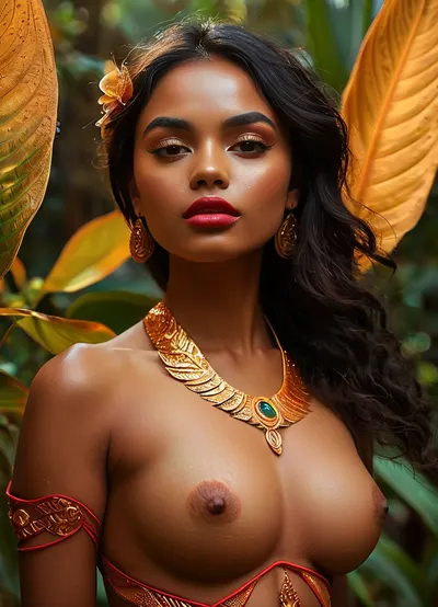 (masterpiece, best quality, ultra-detailed, photorealistic, HDR, fantasy art, full body from head to hips, clear view of face and hips, standing pose, figure centered in frame), female, young adult, Nia, fantastical being inspired by Mayan aesthetics, rounded triangular face, deep mahogany skin illuminated by swirling, shifting golden bioluminescent markings, low broad square chin with defined central dimple, ultra-wide, flat, upturned nose, massive luminous emerald-green eyes with swirling amber rings and vertical slit pupils, no visible sclera, short crystalline rainbow-hued lashes, thick angular feather-like obsidian-black brows, (ultra-glossy, extremely wide flat lips with iridescent crimson-gold color and precise vertical central line:1.5), enigmatic gentle smile, large ears shaped like stylized tropical leaves, glowing gold edges, jet-black hair sculpted upward into organic leaf-like Mayan temple forms with vibrant turquoise and magenta accents, (upper body slender, high firm breasts adorned с bioluminescent Mayan glyphs, covered by flowing, translucent layered fabrics shifting from jungle green to fiery orange, collarbones and shoulders marked by radiant golden tattoo patterns), (waist extremely narrow, abdomen and sides with luminous spiral markings, visible navel through transparent fabric, hips dramatically wide and rounded, with glowing bioluminescent patterns trailing to upper thighs, hips covered by cascading semi-sheer iridescent fabrics resembling rainforest petals and fog), hands relaxed, fingers elongated and webbed with delicate golden membranes, standing amid softly blurred glowing jungle with mist and shimmering leaves, anatomy fantastical, inhuman yet harmonious, ultra-rich color, ultra-sharp detail, five distinct non-fused fingers on each hand if visible, <lora:MJ52:1>, <lora:SDXLHighDetail_v6-000005:.8>, <lora:Microwaist_XL_v01:.8>