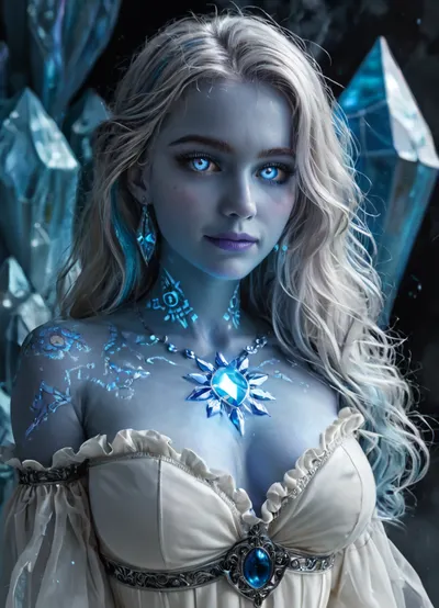 (masterpiece, best quality, ultra-detailed, photorealistic, HDR, fantasy art, full figure from head to hips, small face in frame, upper and lower body fully visible, standing pose, centered in frame), female, young adult, Aelith, fantastical inhuman being, elongated diamond-shaped face, sapphire-blue skin with strong opalescent glow and subtle inner luminescence, sculpted high cheekbones adorned с intricate crystalline patterns, no eyebrows — instead thin glowing silver lines above the eyes, (eyes entirely golden without pupils or sclera, softly glowing:1.5), very long translucent white lashes, elegant nose, full heart-shaped lips with iridescent blue-violet shine, serene enigmatic smile, elongated ears with crystalline edges, ultra-long silver hair with shifting rainbow highlights flowing well past waist, high glowing neck, (upper body slender and elongated, high rounded breasts with pearlescent shimmer, chest and bust covered by sheer crystal-like fabric that reveals natural form, crystalline collarbones and shoulders), (waist extremely narrow, pronounced hourglass figure, abdomen smooth, sapphire skin with glowing crystal vein patterns along the sides, visible navel through translucent garment), (hips gently flared, upper thighs visible, lower torso draped in flowing semi-transparent opalescent textile that diffuses into abstract cosmic haze), arms and hands relaxed at sides, five distinct non-fused fingers if visible, posture regal and ethereal, background, blurred cosmic nebula of radiant blues, violets, and white stars, anatomy correct, inhuman fantasy beauty, ultra-real color and clarity, <lora:MJ52:1>, <lora:SDXLHighDetail_v6-000005:.8>, <lora:Microwaist_XL_v01:.8>