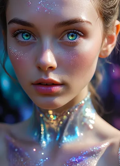 (masterpiece, best quality, ultra-detailed, photorealistic, HDR, fantasy art, waist-up portrait, entire figure from head to waist, face and upper body centered in frame, direct visual focus), female, young adult, Aelith, fantastical being, inhuman, sapphire-blue skin with intense pearlescent glow and inner luminescence, diamond-shaped elongated face, sharply sculpted cheekbones adorned with complex, crystalline natural patterns shimmering in rainbow hues, completely gold irises with no visible pupils or sclera, eyes softly glowing from within, long translucent white lashes, brow area replaced by thin luminescent silver lines, nose small, smooth, with perfectly straight bridge, lips heart-shaped, metallic ultramarine and violet shine, no natural texture, gentle enigmatic smile, ears extended upward and outward with crystalline outgrowths along edges, hair hyperlong, thick, silver-white with shifting iridescent tints, cascading to waist in abstract fluid waves, high swanlike neck glowing from within, shoulders and chest sheathed in semi-transparent glassy fabric with abstract opalescent refractions and subtle prismatic highlights, skin beneath garment subtly shimmers, natural crystalline collar and pauldrons formed by body, posture regal and still, background softly blurred — cosmic nebula of deep blues, purples, shimmering starlight, five distinct non-fused fingers on each hand if visible, perfect anatomy, hyperreal color, ultra-sharp focus, <lora:MJ52:1>, <lora:SDXLHighDetail_v6-000005:.8>, <lora:Microwaist_XL_v01:.8>, <lora:EnvyZoomSliderXL01:-1>