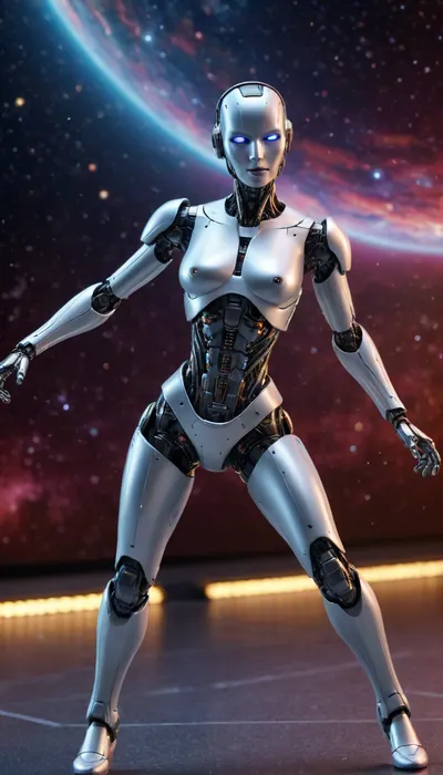 A robotic android woman dancing amongst the stars of the galaxy
