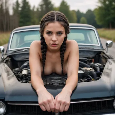 Realistic, photo, beautiful girl, naked, black hair, braids, old car, lying on engine hood