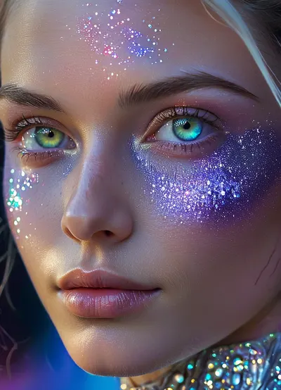 (masterpiece, best quality, ultra-detailed, photorealistic, HDR, fantasy art, waist-up portrait, entire figure from head to waist, face and upper body centered in frame, direct visual focus), female, young adult, Aelith, fantastical being, inhuman, sapphire-blue skin with intense pearlescent glow and inner luminescence, diamond-shaped elongated face, sharply sculpted cheekbones adorned with complex, crystalline natural patterns shimmering in rainbow hues, completely gold irises with no visible pupils or sclera, eyes softly glowing from within, long translucent white lashes, brow area replaced by thin luminescent silver lines, nose small, smooth, with perfectly straight bridge, lips heart-shaped, metallic ultramarine and violet shine, no natural texture, gentle enigmatic smile, ears extended upward and outward with crystalline outgrowths along edges, hair hyperlong, thick, silver-white with shifting iridescent tints, cascading to waist in abstract fluid waves, high swanlike neck glowing from within, shoulders and chest sheathed in semi-transparent glassy fabric with abstract opalescent refractions and subtle prismatic highlights, skin beneath garment subtly shimmers, natural crystalline collar and pauldrons formed by body, posture regal and still, background softly blurred — cosmic nebula of deep blues, purples, shimmering starlight, five distinct non-fused fingers on each hand if visible, perfect anatomy, hyperreal color, ultra-sharp focus, <lora:MJ52:1>, <lora:SDXLHighDetail_v6-000005:.8>, <lora:Microwaist_XL_v01:.8>, <lora:EnvyZoomSliderXL01:-1>