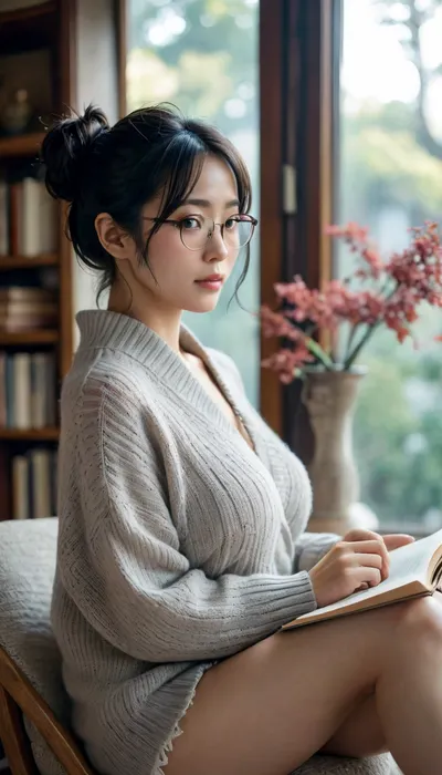 Adult Japanese woman 45 years old, long black hair in a bun, brown eyes, wearing reading glasses. She is wearing a gray oversize knitted sweater and lace shorts. She has big breasts, a beautiful figure, and a big, beautiful ass. She is sitting on a chair, holding a book and reading it. The room is decorated in a Japanese style, and it is set in the present day., <lora:MJ52:.9>, jpn-girl, <lora:japanese_girl_v1.1:.8>