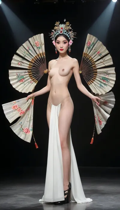 (fashion week, modern, fancy light, dark background, runway fashion show:1.4), (1girl, asian, long legs, tall girl, 180 cm:1.4), (walking, white underpanties:1.2), Chinese traditional opera hair style, (slender body, long legs:1.3), (top naked, natural breasts:1.3), (without makeup:1.2), black hair, (black thick curly pubic hair:1.2), (white high heels shoes:1.2), (holding in hand a small round circle fan:1.2), chinese, peking, opera, show, podium, walks, posing, fashion, runw4y, <lora:MaybeBetterFaceInFullBodyLora_XL_rev3:1.2>, <lora:chinese_peking_opera:.7>, <lora:fashion_runw4y:1.8>, <lora:493467_training_data:1.2>