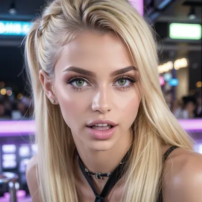 (amateur photo, snapshot aesthetic), ziprealism, natural petite cutie, 18 years old beautiful model, (very slim), beautiful girl, blonde hair, long flowing hair, green big shiny eyes, perfect lips, sexy makeup, tanned shiny skin, a collar with diamonds around her neck, visible breasts in size B, she on the bar counter in a nightclub, provocative pose, purple lighting, neon lights, perfect lighting, licking, ass, eating, asshole, analingus, <lora:weight_slider_v2:-1>, <lora:age_slider_v20:-1>, <lora:Ass Licking V2:.5>