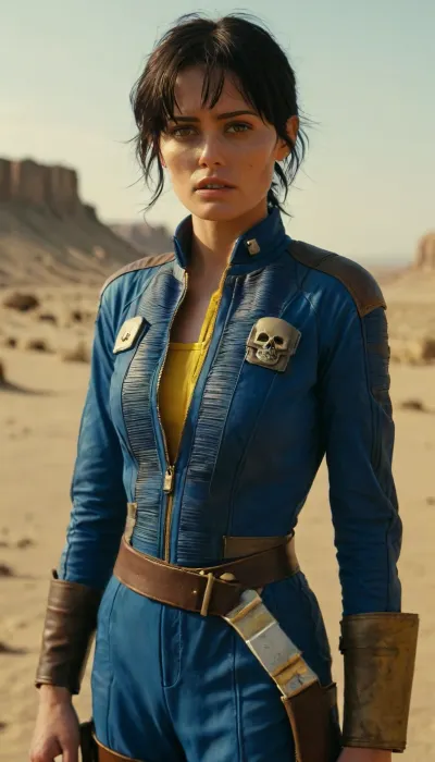 short black hair, in post nuclear desert, woman short unbuttoned nylon fully blue work jumpsuit, leather shoulder pads, 13 yellow number on the back, (ghoul fucking her, blowjob, skull), leather belt, combat boots, ((show nipples)), raw, Portrait, professional, color, grading, <lora:MJ52:2>, <lora:208210_training_data:2>, Lucy, <lora:Lucy:.8>, FalloutCinematic, <lora:FalloutCinematic:.8>