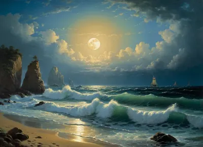 A stormy night. The last wave agitated the sea. It's boiling furiously. The waves break on the rocks in a rapid run. Terrible shaggy clouds are racing across the sky. The moon peeked through the clouds and illuminated the sea and the distant rocky shore. Moonlight flickered like diamonds on the lace of foam. The onset of the enlightenment of nature brings a stream of peace to the "last clouds of the scattered storm" running across the sky.Usually very quick at work, Aivazovsky painted this painting in such a way that it reflected his state of mind, in order to depict the halo of moonlight, he danced around it with a round brush the smallest splashes of light paint, the same as the moon itself.The rocky mountains are written differently, on which almost no moonlight falls. They are depicted as dark generalized masses, with a thicker tone than the sky. The sparse detailing of their shapes still makes it possible to distinguish steep cliff breaks, crevices in the mountains and a stone scattering at their foot on the surf edge. The sea in the part where the moonlight does not penetrate is also written very widely. The waves, breaking on the coastal cliffs, permeated by moonlight, acquire a phosphorescent hue.