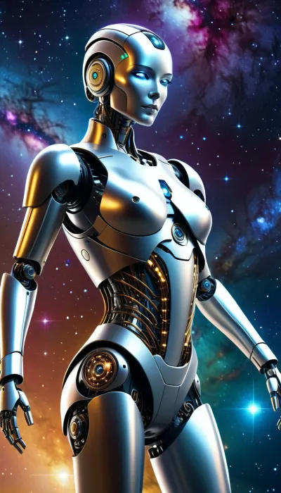 A robotic cybernetic android dancing amongst the stars of the galaxy