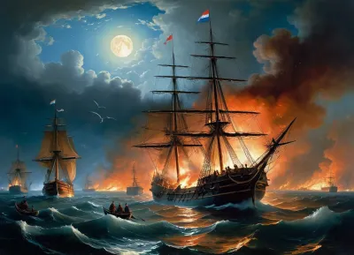 The painting is in the style of the Russian artist Ivan Konstantinovich Aivazovsky.In the depths of the bay, burning ships can be seen sinking, fragments of masts flying apart from the explosion. Rising flames with scarlet-blue smoke mix with clouds, and the light of the moon illuminates the hellish mixture of fire and water. In the foreground, the flagship of the Russian fleet "Three Hierarchs" stands in dark silhouette, to which a boat with the crew of the fireman D. S. Ilyin approaches. Behind the "Three Hierarchs" are "Europa" and "Rostislav", on the left in the background is "Don't touch me", (the location of the Russian ships is slightly "edited" by Aivazovsky, the ships are closer to each other than they were in real combat), . On the left in the foreground, Turkish sailors can be seen in the water, clinging to the wreckage of ships in order not to drown. In the background, the city is illuminated by the glow of the fire. The composition is built on a sharp contrast between flames, pale moonlight, clouds of smoke and fire covering the sky — all this creates the impression of tension and drama of the events taking place. Visually, the center of the picture is not even the Russian ships in the foreground, visible more as silhouettes against the background of clouds of flame and smoke, but the burning formation of the Turkish fleet., painted in the so-called oriental taste.