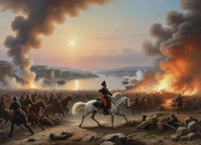 masterpiece, full color image, 8K quality, oil painting by a Russian artist, The painting depicts the very moment of the beginning of the storming of the fortress in the early morning. On the right, in the foreground, there is a cannon, from which Russian gunners fire a signal shot to attack. A.V. Suvorov is shown on the left, sitting on his white horse Mishka, and M.I. Kutuzov is on his right hand. Next to them are Russian soldiers and officers storming the bastions and walls of the burning Turkish fortress of Izmail. On the right side of the painting is the Danube River, where you can see the outlines of the boats of the landing troops.
