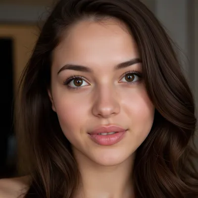 Ultra photorealistic close-up portrait of a young latina woman, exact facial features matching reference photo, long wavy dark brown hair parted in the middle, warm olive skin tone with natural subtle blush, visible skin pores, bright hazel eyes with golden and slight green shimmer, intense natural light reflections creating glossy sparkle, natural soft makeup, soft glossy lips, full natural eyebrows, detailed eyelashes, lifelike eyes and perfect facial symmetry, soft natural indoor lighting with gentle shadows and highlights enhancing facial contours, photorealistic, no cartoon, no plastic skin, no CGI, no anime, no exaggerated expressions, high resolution photography style, shallow depth of field, softly blurred background, no face distortions, no extra limbs, no asymmetry, no unnatural colors, very strict face matching to reference