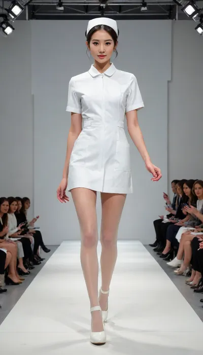 (fashion week, modern, fancy light, white background, runway fashion show:1.4), (1girl, Asian, nurse, long legs, tall, 180 cm:1.4), (back view, view behind:1.3), (walking:1.2), (Chinese nurse short hair style, nurse uniform:1.1), (slender body, long legs:1.3), (without makeup:1.2), black hair, (black thick curly pubic hair:.1), (white flesh stockings, white low heels shoes:1.2), (cool face expression:1.3), show, podium, walks, posing, fashion, runw4y, surgical, outfit, nurse, uniform, <lora:MaybeBetterFaceInFullBodyLora_XL_rev3:1.1>, <lora:fashion_runw4y:1.6>, <lora:493467_training_data:1.2>, <lora:concept_surgeon_xl_v1:.6>, <lora:nurse_uniform_xl_v1_1:1.8>