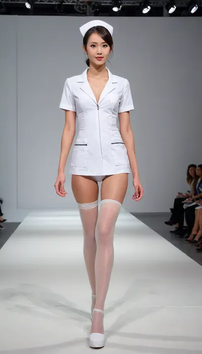 (fashion week, modern, fancy light, white background, runway fashion show:1.4), (1girl, Asian, nurse, long legs, tall, 180 cm:1.4), (white bra, white underpanties:1.3), (walking:1.2), (Chinese nurse short hair style, nurse uniform:1.1), (slender body, long legs:1.3), (without makeup:1.2), black hair, (black thick curly pubic hair:.1), (white flesh stockings, white low heels shoes:1.2), (cool face expression:1.3), show, podium, walks, posing, fashion, runw4y, nurse, uniform, <lora:MaybeBetterFaceInFullBodyLora_XL_rev3:1.1>, <lora:fashion_runw4y:1.6>, <lora:493467_training_data:1.2>, <lora:nurse_uniform_xl_v1_1:1.8>