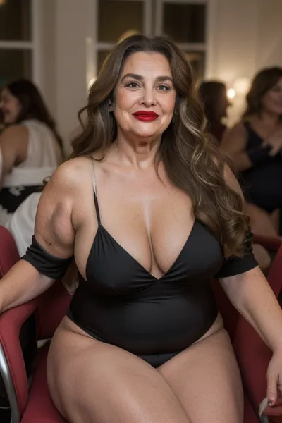 65yo mature woman, beautiful obese milf, (obese:1.5), long hair, light brunette hair with highlights, tight hairstyle, sitting across you in a chair, black one-piece swimsuit, humorous surprised expression, her eyes are wide, ((with a raised eyebrow)), smirking with a charming laugh, ((her lower lip is curled up)), giving a playful ‘uh-oh’ look, The face shows a mix of amusement and joyfulness, caught in a funny mistake, wrinkles around eyes, bow shaped lips with delicate lipstick, wide mouth, wide smile, long characteristic nose, laugh lines, blurry background, dimmed lights, sidenips, nipple slip, milf, <lora:sidenips_v24a:.5>, <lora:Milf:.9>
