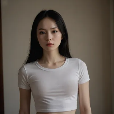 #Subject- A South Korean girl called Dae, in her early 20s, (flat chest:1.4), (pale skin:1.4), (petite:1.4), (small breasts:1.4), (slim:1.4), (thin:1.4), (athletic:1.4), long black hair. Dae is, (wearing a t-shirt), .

#Composition- Dae's petite figure highlighted by the stylish t-shirt.

#Lighting- A DSLR portrait, shot on 50mm lens at f/2.0 aperture, light background with natural lighting.

BREAK

8K highest definition