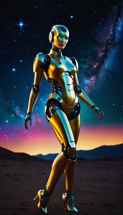 A robotic android woman dancing amongst the stars of the galaxy