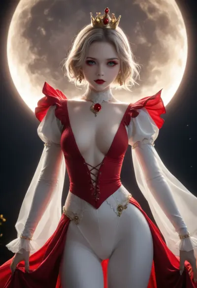 (((gorgeous vampire queen))), makeup, stand, (((night, dark background))), red and white suits, wide thigh, (((extreme large moon))), (((white skin))), (((fantasy art))), (((backlight)))