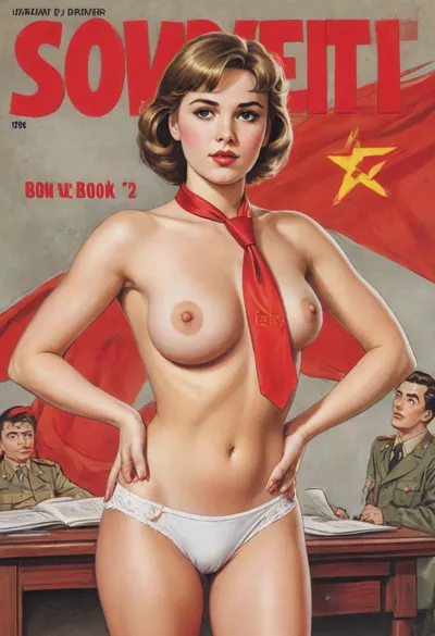 (single drawn girl:1.3), (illustration:1.3), (hand drawn:1.3), (drawn comics book cover:1.3), (TITLE text, "Soviet":1.3), (Soviet pioneer girl:1.2), Soviet pioneer girl 18yo, in a red scout tie on neck, white panties, sexy random pose, sovietForm, sopi, erotic in the background, <lora:iltromba_artwork_style_smm_SDXL_LORA_v07:.5>, <lora:text:1.1>