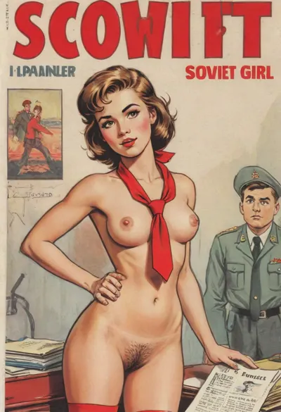 (single drawn girl:1.3), (illustration:1.3), (hand drawn:1.3), (drawn comics book cover:1.3), (TITLE text, "Soviet":1.3), (Soviet pioneer girl:1.2), Soviet pioneer girl 18yo, in a red scout tie on neck, hairy pussy, sexy random pose, sovietForm, sopi, erotic in the background, <lora:iltromba_artwork_style_smm_SDXL_LORA_v07:.5>, <lora:text:1.1>