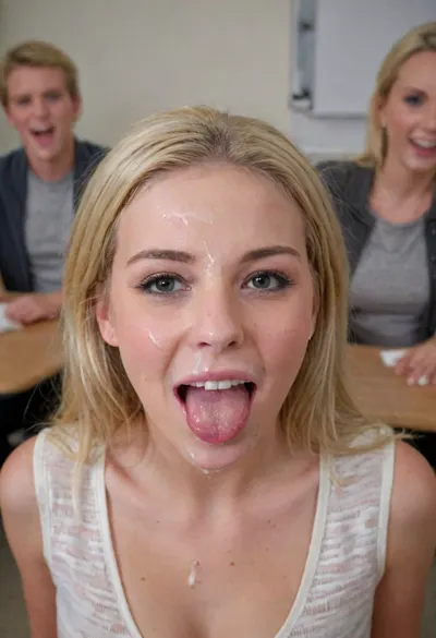 3/4 body shot of happy woman blonde girl with big tits nothing with cum on her forehead, facial, open mouth, (cum in mouth:1.3), in a class room, <lora:Facials:2>, <lora:JustCum:2>