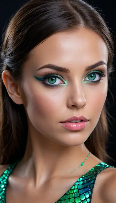 A beautiful slender woman with a bodypainting of colorful dragon scales, deeply tanned skin, long black hair tucked behind ear, head tilted down and looking up at you, She is in a professional photo studio, 3 d style, (large beautiful crystal bright emerald green eyes), magically bright glowing green eyes, pretty coquettish face, detailed eyes, detailed pupils, heartshaped lips, natural lip color, clear lip gloss, (full view of head and cleavage), view from half back side