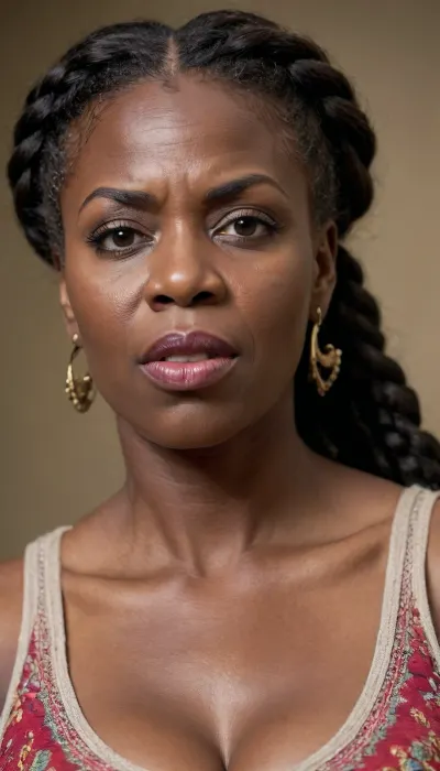 Very tall extremely dark black skin 60 year old african american woman with thick braided hair and enormously large breasts angry expression with extra plump lips