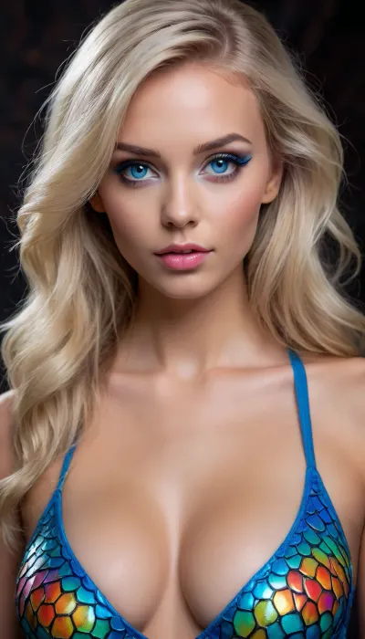 A beautiful slender woman with a bodypainting of colorful dragon scales, deeply tanned skin, long blonde hair tucked behind ear, head tilted down and looking up at you, She is in a professional photo studio, 3 d style, (large beautiful crystal bright blue eyes), pretty coquettish face, detailed eyes, detailed pupils, heartshaped lips, natural lip color, clear lip gloss, (full view of head and cleavage), view from half back side