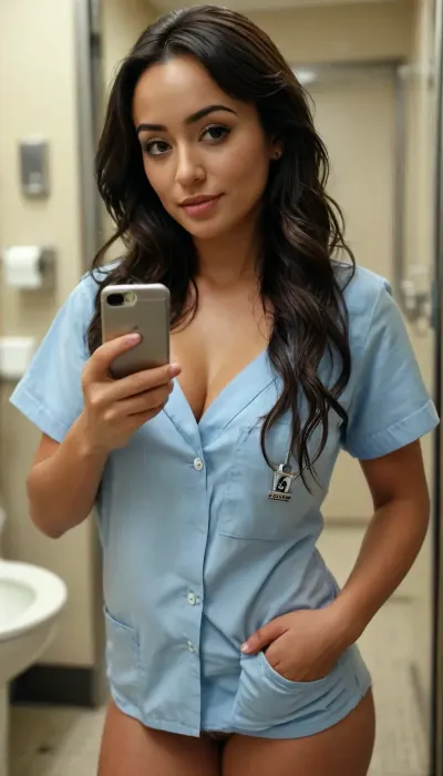 (Natalie Martinez:1.1), Photorealistic, Sexy 25 year old woman, nurse wearing scrubs shirt, public bathroom selfie, pants pulled down, wearing sting thong, cleavage, long lush hair, taking selfie with phone, sexy body, curves, <lora:MJ52:.8>