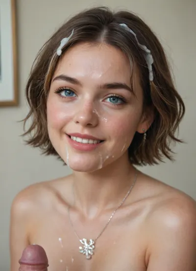 A young woman with a delicate and symmetrical face, clear porcelain skin with a natural rosy glow. She has large almond-shaped eyes with soft brown irises, well-defined eyebrows slightly arched. Her nose is straight and slender, with a gentle curve, and her lips are full, with a defined cupid’s bow. She has a fine, slightly pointed chin, and her short, chestnut hair is neatly styled, with soft waves or a sleek, polished look. The overall expression is calm but with an intense, expressive gaze., <lora:A_SHort_Cut_v3_SDXL:1.8>, . very short hair., ((Big facial, lot of cum on face, cum on hair)), penis close to face. Smiling. Nude. Earings. Necklace.