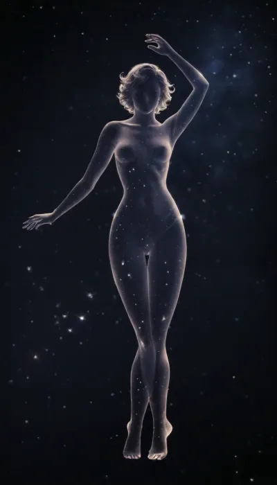 night sky. A strip of the horizon is visible, The transparent silhouette of a dancing sexy Goddess of Love is made up of stars. She is a constellation in the sky. The constellation shines much brighter than all the others.

A mysterious naked transluent silhouette of a sexy woman made of starlight, ((a transparent silhouette of a sexy woman made out of constellation style and signs with stars)), hold in hand moon, <lora:c0nst3llation:1.2>
