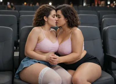2women, Latina, older chubby woman and young thick girl, mother-daughter fantasy, lesbian, heavy makeup, sexy mini skirt with stockings, hot kiss, hugs, messy hair, thick thighs, full view, in a theater