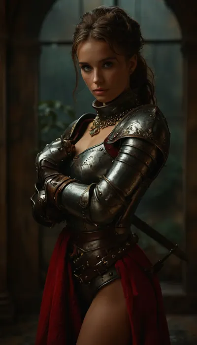 Full body view, (Movie poster for a 1960s horor movie version of breakfast at Tiffany's:1.4), beautiful sexy Girl, best quality, ultra-detailed, masterpiece, finely detail, higher, 8k wallpaper, sexy heavily armored european knight with massive tits and a slim waist plus thick thighs, elegant posture, dynamic pose, dynamic angle, dark fantasy, Rembrandt lighting, highly detailed castle overgrown with vegetation in the background, a confident plus dominant aura and demeanor, athletic body with tight abs and toned muscles, heavy weighty metal armor that's worn from battle, belts and straps, metal armor plating, metal breastplate, large metal gauntlets, large metal pauldrons, medieval knight with heavy armor, bulky thick armor, armor boots, dimly light, soft gentle lighting, chain accessories, extremely detailed face with a strong jawline plus defined cheek bones plus freckles and beauty marks, stunningly beautiful face with a intoxicatingly seductive and aroused expression, radiating powerful sexual energy, overcast and rainy, 25yo woman, cute tight ass, thick heavy metal tassets, big bow in ponytail, chainmail skirt, plain ocher velvet underdress, <lora:498614_training_data:.5>, <lora:tbh71-sdxl:.5>, <lora:MJ52:.8>