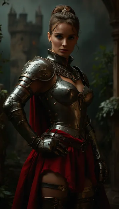 Full body view, (Movie poster for a 1960s horor movie version of breakfast at Tiffany's:1.4), beautiful sexy Girl, best quality, ultra-detailed, masterpiece, finely detail, higher, 8k wallpaper, sexy heavily armored european knight with massive tits and a slim waist plus thick thighs, elegant posture, dynamic pose, dynamic angle, dark fantasy, Rembrandt lighting, highly detailed castle overgrown with vegetation in the background, a confident plus dominant aura and demeanor, athletic body with tight abs and toned muscles, heavy weighty metal armor that's worn from battle, belts and straps, metal armor plating, metal breastplate, large metal gauntlets, large metal pauldrons, medieval knight with heavy armor, bulky thick armor, armor boots, dimly light, soft gentle lighting, chain accessories, extremely detailed face with a strong jawline plus defined cheek bones plus freckles and beauty marks, stunningly beautiful face with a intoxicatingly seductive and aroused expression, radiating powerful sexual energy, overcast and rainy, 25yo woman, cute tight ass, thick heavy metal tassets, big bow in ponytail, chainmail skirt, plain ocher velvet underdress, <lora:498614_training_data:.5>, <lora:tbh71-sdxl:.5>, <lora:MJ52:.8>