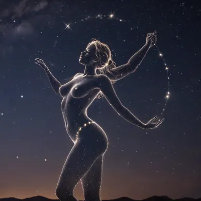 night sky. A strip of the horizon is visible, The transparent silhouette of a dancing sexy Goddess of Love is made up of stars. She is a constellation in the sky. The constellation shines much brighter than all the others.

A mysterious naked transluent silhouette of a sexy woman made of starlight, ((a transparent silhouette of a sexy woman made out of constellation style and signs with stars)), hold in hand moon, <lora:c0nst3llation:1.2>
