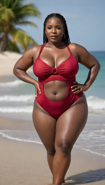 Full body view of a ln extremely dark black skin 55 year old african american woman with thick braided hair and enormously massive breasts and thick bbw hips and legs with a ig fat belly and very thick plump lips wearing a dark red sling bathing suit
