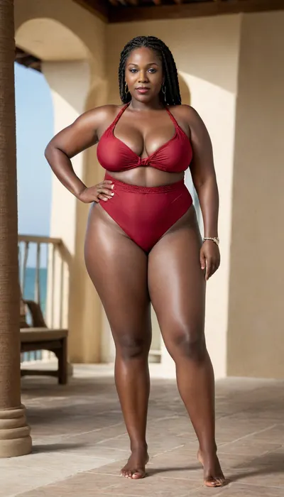 Full body view of a ln extremely dark black skin 55 year old african american woman with thick braided hair and enormously massive breasts and thick bbw hips and legs with a ig fat belly and very thick plump lips wearing a dark red sling bathing suit