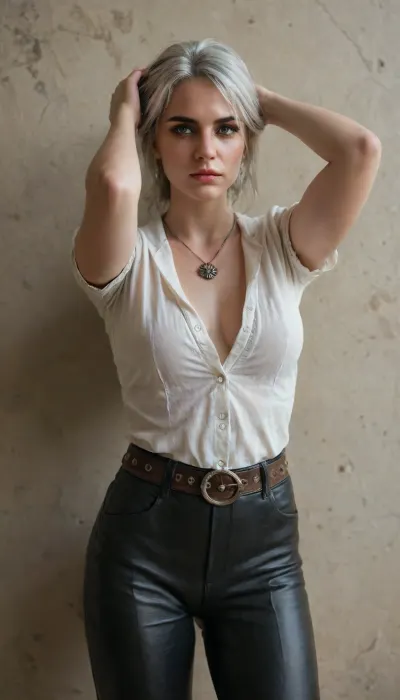(Character), Ciri from The Witcher, a fitted white tunic with intricate silver embroidery, dark leather pants, a short gray cloak with a hood, and a silver medallion necklace with a wolf emblem. Include a leather belt with pouches and a sword sheath, (Physique), detail face, She has her black hair tied back, large bust, curvy physique, (Background), simple plain wall, (Expression), standing straight in a sexy way, hands over her head, (view), front-straight view, (Image quality), 8k resolution, high definition, ultra high clarity.