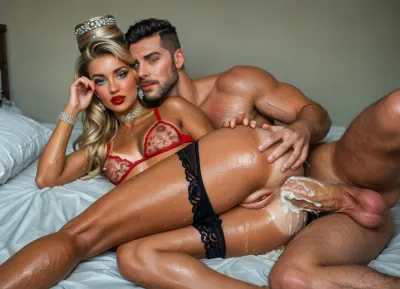 UHD 8K, extreme realism, maximum detail, (elegant glamur luxury model:1.5), ((super sexy)), (woman age 45), European, (milf:1.1), (Slavic girl:1.5), (aristocratic facial features:1.5), (face detail 10 out of 10), ((cute face)), ((perfect eyes)), full view, Face shape Oval with a clear chin line smooth cheekbones, Hair Light ash, Hair almost straight and black, The parting is slightly shifted to the left, The skin texture is even and smooth, indicating careful care. The face is matte, a light natural blush is noticeable on the cheeks and bridge of the nose, which gives the appearance freshness, No visible defects, pores or peeling, Eyebrows Clearly defined, medium width, slightly darker than the hair, which gives the face contrast and expressiveness, Eyes Blue, light, with an even iris and a bright look, The eyelids have light makeup, light beige shadows on the movable eyelid, soft shading of gray-brown shadows in the crease, an emphasized and open look. The eyelashes are long, black, emphasizing the almond shape of the eyes. The look is slightly squinted, expressing slight surprise or thoughtfulness, Nose Neat, straight, with a smooth bridge and a slightly pointed tip, The wings of the nose are small, symmetrical, Lips Full, with a well-developed contour and natural texture, The color of the lips is muted pink, possibly with a light tone of moisturizing balm or transparent gloss, The upper lip is slightly thinner than the lower, (tanned skin:1.1), (tan lines:1.6), jewelry, (brilliant neck choker), (transparent black panties slightly slid to the side:1.5), excited, tattoos, wet, (wide hips:1.7), (pumped up buttocks:1.3), (fitness butt:1.3), ankle bracelets, classic heeled shoes, tights and stockings, modern black tattoos, wet clothes, tiny waist, seductive facial expression, perfect breasts, (perfect long legs:1), more definition in the legs, proportional body, stockings with garters, (the legs are drawn correctly:1), (perfect boobs and erect nipple under wet transparent red tone bra:1.5), cum in ass, (look each other in the face), (small firm breasts:1.5), (looks at partner), 1 men, 1 women, full body, lying on the bed with, (girl lies on her stomach:1.1), (man is lying next to her:1.4), (he is spooning her from behind:1.5), (man having anal sex:1.5), with large muscular man, (gargantuan cocks:1.4), (((Huge cock deep in ass:1.6))), (wet:1.6), (5 fingers on hand:1.5), (cum covered fucking:1.2), someone smiles and closes their eyes, (more penis details:1.7), (the girl's face is very clearly visible:1.7), (one leg raised:1.1), (hair bows:1.1), raised, hugs, (colored Stockings with medium mesh:1.1), (red lips:1.5), (detailed realistic pink pussy:1.5), crown, kiss, (yellow mini skirt hiked up:1.3), <lora:BUT_SDXL_SHS:2>, <lora:style_lora_realis:2>, <lora:detailer-xl:2>, <lora:SDXLHighDetail_v6-000005:2>, <lora:attractive_notrigger:2>