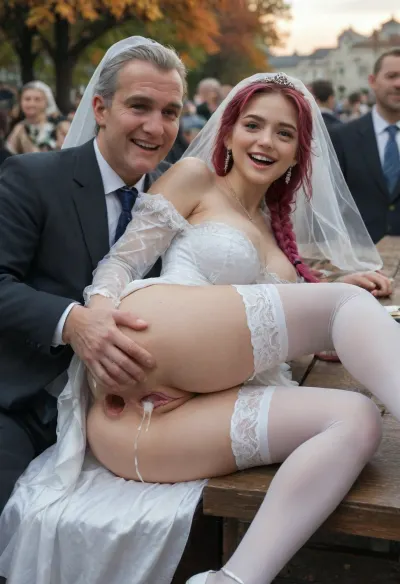 (Japanese bride:1.2), perfect nature, (autumn colors), she will be fucked outside in the German garden, (analsex:1.6), (Extrem giant cocks), (open smile mouth:1.2), (She doing spooning on the table:1.2), (view from the side:1.2), (extreme gaping vagina), (massive cumshots), (short pink braids), (she wear bride costume), cum covered, she have large silicone breasts and small nice ass, (she will be anal fucked from two old men and white:1.2), they are full clothed in pantsuit, Outside in Germany, (((public, crowded, people around))), Sunset, public, perfecteyes, 2boys, black, thighhighs, hon, one, eye, frills, puff, sleeves, (black, bridal, dress, veil:1.5), <lora:340947_training_data:.8>, <lora:681678_training_data:.7>, <lora:lora-sdxl-perfect-eyes:.5>