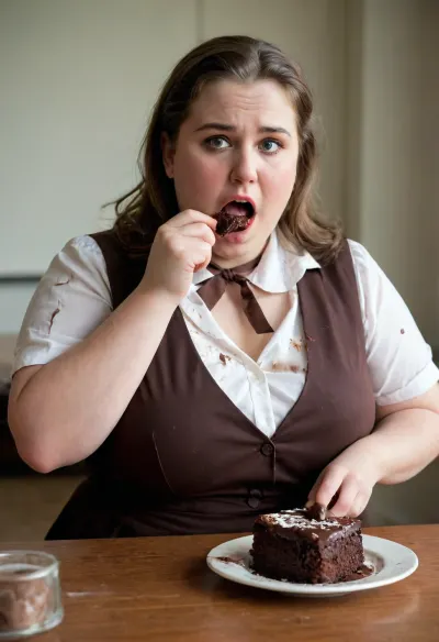 An 25-year-old fat woman in a school uniform. The clothes fit her body very tightly. Her blouse is open. Her rolls of fat are clearly visible. She is eating a piece of chocolate cake. Her face is smeared with chocolate. Her hand is smeared with chocolate. Her blouse is smeared with chocolate. Her cleavage is smeared with chocolate.