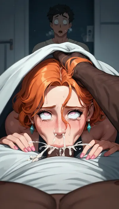 score_9, score_8_up, score_7_up, score_6_up, Ginger milf, bedroom, (deepthroat:1.2), under covers, (male pov:1.2), blushing, (caught:1.3), dimly lit, nude, drool, hand on head, shadow, musk, heavy breathing, pov, pussy, pink nails, huge cock, cum overflow, empty eyes, rolling eyes, cum squirting from nose, teary, sweaty, interracial