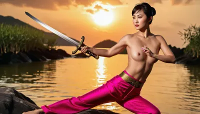 (Photorealistic:1.3), (Wushu master:1.2), beautiful Chinese woman, (beautiful face:1.1), black hair, pixie cut, athletic, elegant, (bright pink wushu pants:1.4), gold pattern, (topless:1.5), big beautiful breasts, (holding a sword:1.3), outdoors, sunset, golden hour, (seaside:1.1), bamboo forest, water, clouds, soft light, backlighting, detailed eyes, dynamic pose, martial arts, calmness, serenity, photography, high detail, (colors:1.1), film, masterpiece, high quality, 8k, cinematic lighting