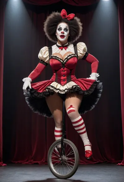 Jacqueline Thickness, (dark-skinned female clown), on stage, (performing on a unicycle/juggling act), dark burgundy and crimson velvet curtains behind her, (black and white clown outfit with frilly details and heart shaped decorations), (big round breasts), concentrating expression, (side-view), (black hair in afro style), spotlight