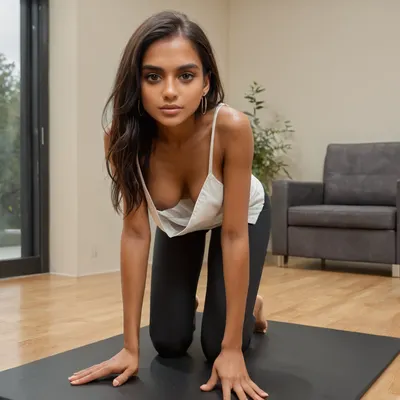 19 yo, cute, skinny, slender, not so tall, long hair, she has a serene expression. brown perfect eyes, Indian, beauty, most, beautiful, and, attractive, sexy, body, (office), (tanned), medium breasts, areolas visible, nipples visible, ((((downblouse)))), (((side boob))), perfect face, kneeling on a yoga mat in the gym, wearing black yoga pants and a very loose-fitting white tanktop, <lora:PerfectEyesXL:1.8>, <lora:RealDownblouseXL2:1.4>