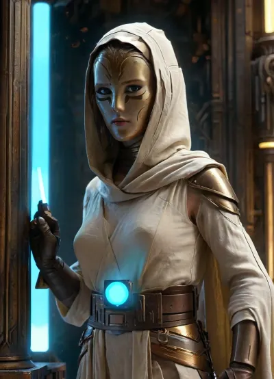 (Masterpiece), Raiting_explicit, upper body view on a female automaton inspired by Metropolis, (1927), (((dressed as a Jedi Temple Guard))), ((wears an old beige linen tunic with a hood)), ((mask of Jedi Temple Guard in her face)), (((wide bronze belt adorned high on the waist))), caught mid-motion in a sexual pose, ((fullbody)), right arm extended forward holding the lightsaber hilt, ((left hand open and raised at waist height)), ((((a small and blue luminous levitating cube above her left hand)))), ((she holds the hilt of her ambear lightsaber hilt in her right hand)), mechanical body of golden bronze, back arched, buttocks prominently emphasized, elegant curves, dynamic twist of the torso, upper body turned to the side, sleek art-deco plating, glowing seams, dramatic rim lighting, thick stage smoke, industrial gears and steam pipes in the background, spotlights casting long shadows, ornate metal stage, sepia tone, retrofuturistic atmosphere, photorealistic style, artdecopostsdxl, poster, a, movie, frame, of, in, the, style, sin-city, mshn, robot, 7-TempleGuard, Holding, lightsaber, (side view), ((ultra mega close up in the levitating cube)), levitating cube, <lora:artdecopostsdxl:.8>, <lora:sin-city-sdxl-v1-000050:.8>, <lora:MJ52:.8>, <lora:Temple Guard v1.0:1.3>, Levitating, Cube, page, <lora:Levitating Cube:.8>