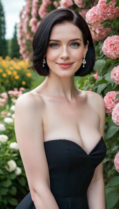 A 28 years old russian woman, (wearing a black strapless dress), smile, inverted Bob cut, black hair, very white and pale skin, blue eyes, thin, Slender body, elegant party in flower garden, earrings, freckles, makeup, middle body view, hans up, sweat armpit, huge tits, slim waist, posing