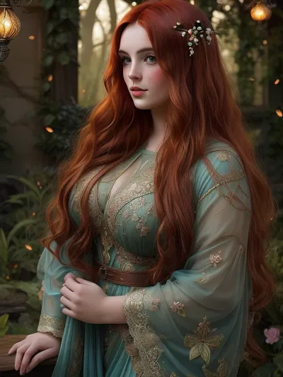 A super plus-size woman with long, flowing auburn hair, stands gracefully in a misty, moonlit garden filled with glowing fireflies. She wears a flowing gown made of shimmering silk, with intricate embroidery depicting scenes from mythology. The scene is bathed in soft, silvery light, creating a dreamy, ethereal atmosphere. This image is reminiscent of a pre-raphaelite painting, with a touch of art nouveau elegance, evoking the style of Waterhouse and Rossetti, with a focus on intricate details, vibrant colors, and a sense of romanticism.
