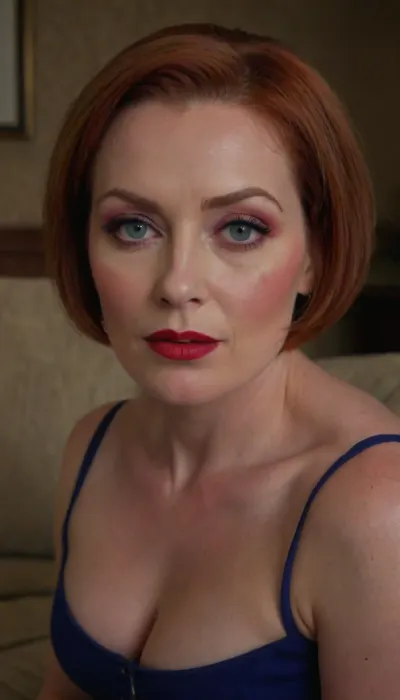 A RAW photo, close up, face focus, 1/2 body view, soviet mature woman, ((completely clothing)), (curvy body), ((auburn bob haircut)), 40 years old, perfect face, blue eyes, (bright makeup:1.5), red lipstick, sitting on sofa, microskirt, extremely, short, skirt, <lora:MicroSkirt_XL:.5>, m0rd_s1th, <lora:Mord_Sith_ArmorXL:.8>