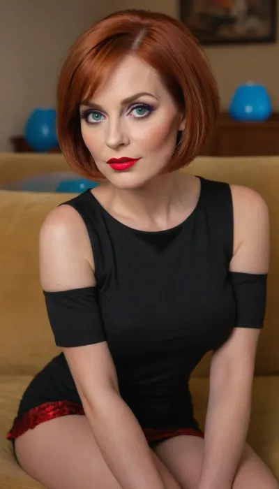 A RAW photo, close up, face focus, 1/2 body view, soviet mature woman, ((completely clothing)), (curvy body), ((auburn bob haircut)), 40 years old, perfect face, blue eyes, (bright makeup:1.5), red lipstick, sitting on sofa, microskirt, extremely, short, skirt, <lora:MicroSkirt_XL:.5>, <lora:FF-Latex.ID-XL-011.bf16:.8>