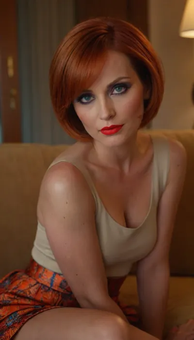 A RAW photo, close up, face focus, 1/2 body view, soviet mature woman, ((completely clothing)), (curvy body), ((auburn bob haircut)), 40 years old, perfect face, blue eyes, (bright makeup:1.5), red lipstick, sitting on sofa, microskirt, extremely, short, skirt, <lora:MicroSkirt_XL:.5>, fp1, <lora:FashionPhotographyXL:.8>
